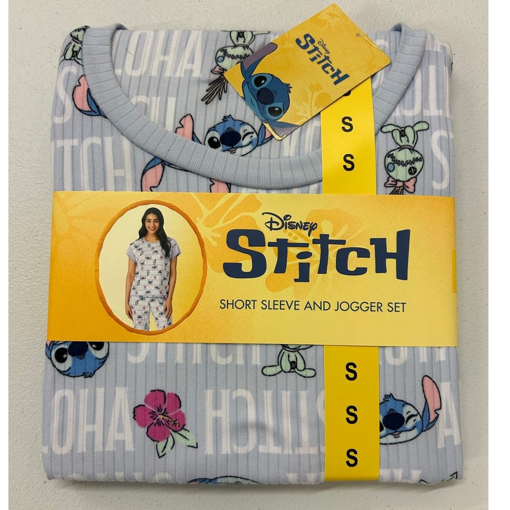 Disney Stitch Womens Pajama Set Blue Ribbed Short Sleeve Joggers NWT Small